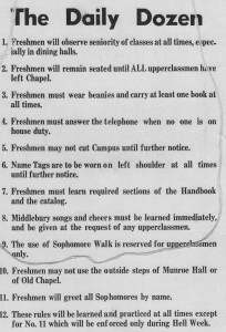 Rules for freshmen men at Middlebury in 1957