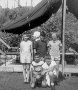 Marblehead Boys in Skunk Hollow 1951: Joe Homan, rear; John Collins, Fred Petersen, Ross Goodwinn, left to right; Paul Meo & Warner Hazel (?) front. Photo from Chris Brown