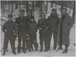 Troop 3 Scouts at Bald Hill Reservation in Boxford, MA. Left to right: John Kohler, David Butler, Terry Soule, Jim Stone, Don Ridgeway, Bill Doane & Assistant Scoutmaster Bob Baum at Bald Hill. Photo from Bob Baum